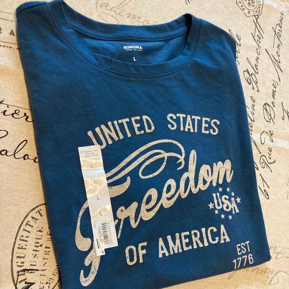 Sonoma Women's Size L Gray Blue USA Freedom Form Fitted Short Sleeve TShirt NWT